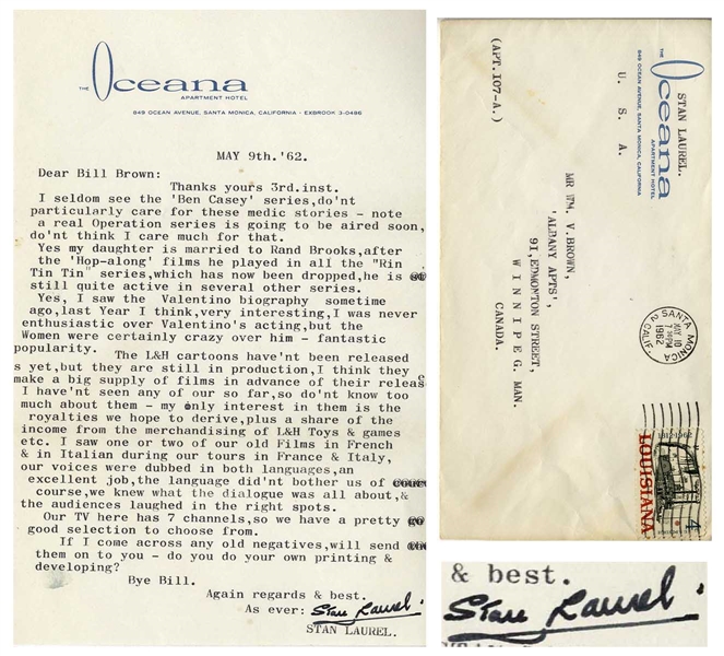 Stan Laurel Letter Signed -- ''...The L&H cartoons...my only interest in them is the royalties we hope to derive, plus a share of the income from the merchandising of L&H Toys & games...''